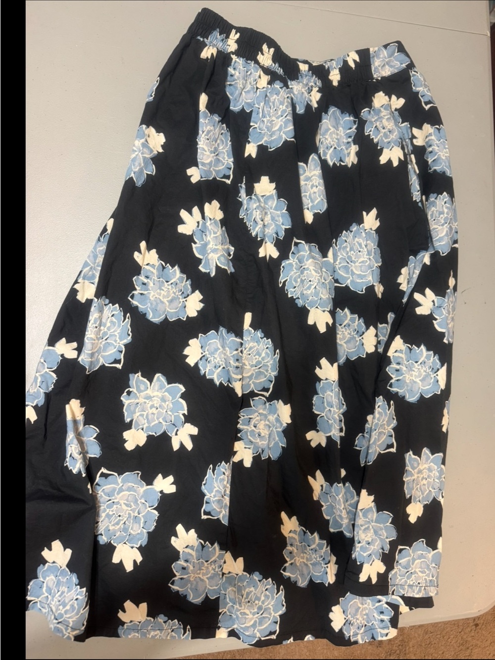 Black Floral Midi Skirt with Blue and Cream Blooms